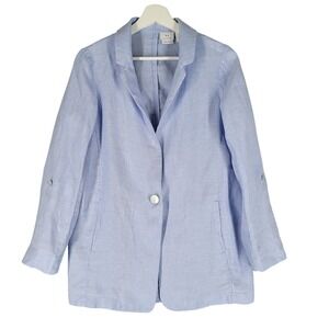 Halston Womens Medium Linen Blazer Light Blue Roll Tab Sleeve Button Front